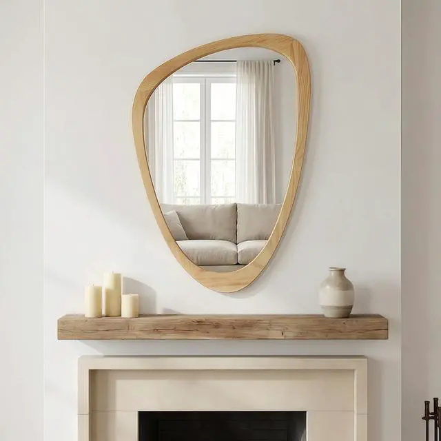 Alt view image 2 of 7 - OAK Color 24"x36" Irregular Solid Wood Frame Decorative Mirror,For Bedroom, Bathroom, Living Room, Entryway