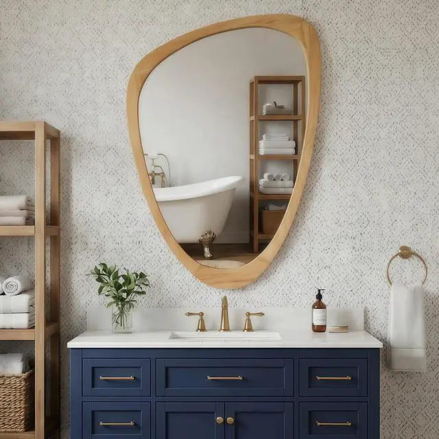Alt view image 3 of 7 - OAK Color 24"x36" Irregular Solid Wood Frame Decorative Mirror,For Bedroom, Bathroom, Living Room, Entryway