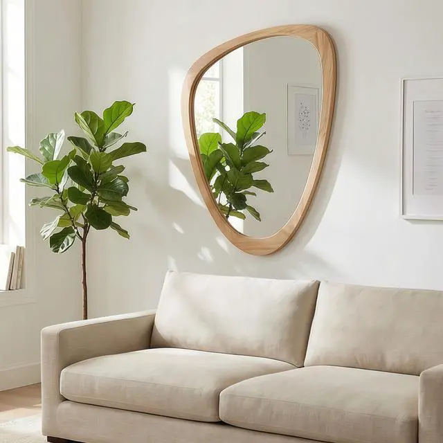 Alt view image 4 of 7 - OAK Color 24"x36" Irregular Solid Wood Frame Decorative Mirror,For Bedroom, Bathroom, Living Room, Entryway