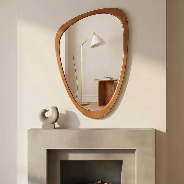 Alt view image 2 of 7 - Yellowish Brown 24"x36" Irregular Solid Wood Frame Decorative Mirror,For Bedroom, Bathroom, Living Room, Entryway