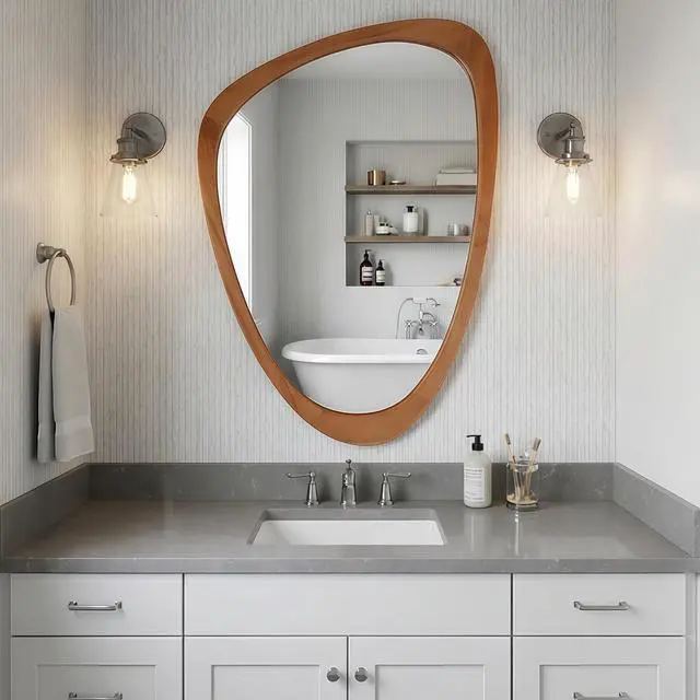 Alt view image 4 of 7 - Yellowish Brown 24"x36" Irregular Solid Wood Frame Decorative Mirror,For Bedroom, Bathroom, Living Room, Entryway
