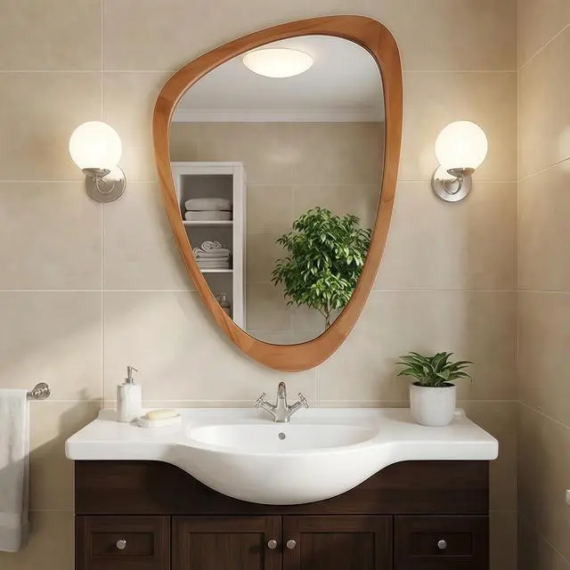 Alt view image 3 of 7 - Yellowish Brown 24"x36" Irregular Solid Wood Frame Decorative Mirror,For Bedroom, Bathroom, Living Room, Entryway