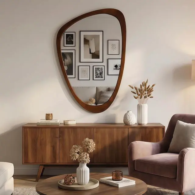 Main image of Black Walnut Wood Color 24"x36" Irregular Solid Wood Frame Decorative Mirror,For Bedroom, Bathroom, Living Room, Entryway