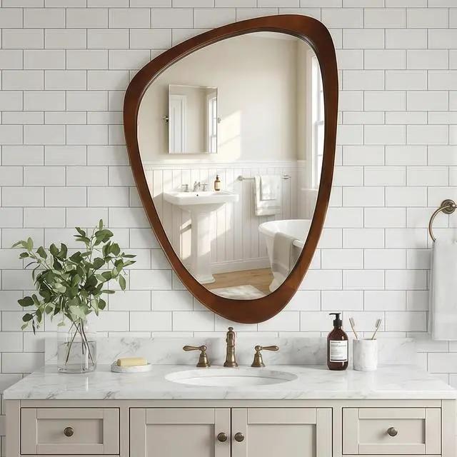 Alt view image 3 of 7 - Black Walnut Wood Color 24"x36" Irregular Solid Wood Frame Decorative Mirror,For Bedroom, Bathroom, Living Room, Entryway