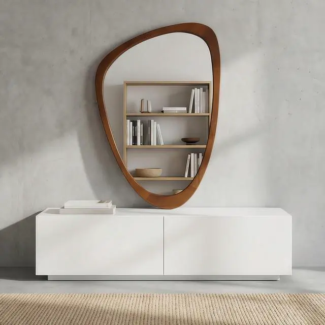 Alt view image 4 of 7 - Black Walnut Wood Color 24"x36" Irregular Solid Wood Frame Decorative Mirror,For Bedroom, Bathroom, Living Room, Entryway