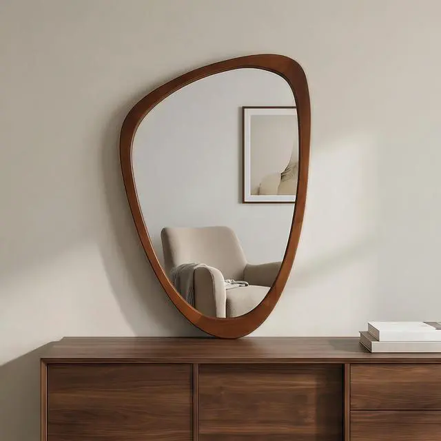 Alt view image 2 of 7 - Black Walnut Wood Color 24"x36" Irregular Solid Wood Frame Decorative Mirror,For Bedroom, Bathroom, Living Room, Entryway