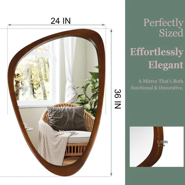 Alt view image 5 of 7 - Black Walnut Wood Color 24"x36" Irregular Solid Wood Frame Decorative Mirror,For Bedroom, Bathroom, Living Room, Entryway