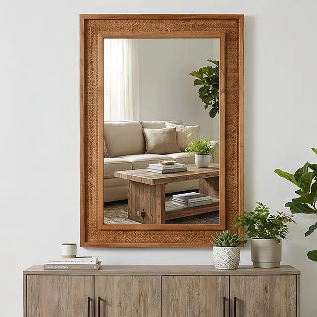 Main image of Yellowish Brown 20"x30" Rattan Rectangle Solid Wood Frame Decorative Mirror,For Farmhouse,Bathroom,Home Decor,Entryway