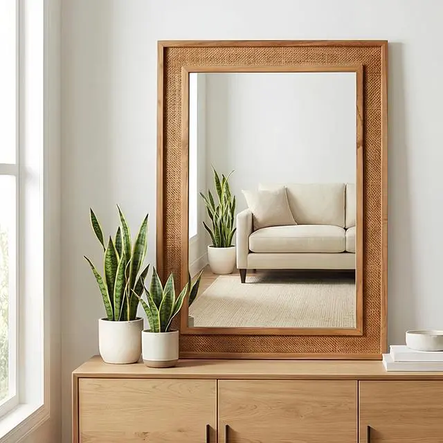 Alt view image 2 of 7 - Yellowish Brown 20"x30" Rattan Rectangle Solid Wood Frame Decorative Mirror,For Farmhouse,Bathroom,Home Decor,Entryway