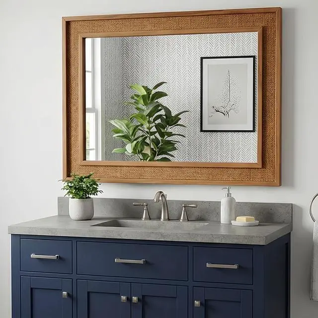 Alt view image 3 of 7 - Yellowish Brown 20"x30" Rattan Rectangle Solid Wood Frame Decorative Mirror,For Farmhouse,Bathroom,Home Decor,Entryway