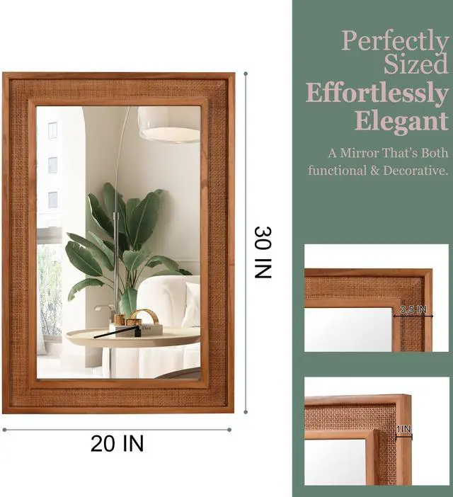 Alt view image 4 of 7 - Yellowish Brown 20"x30" Rattan Rectangle Solid Wood Frame Decorative Mirror,For Farmhouse,Bathroom,Home Decor,Entryway