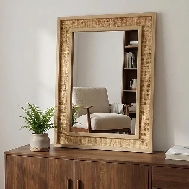 Alt view image 2 of 7 - Natural Wood Color 24"x36" Rattan Rectangle Solid Wood Frame Decorative Mirror,For Farmhouse,Bathroom,Home Decor,Entryway