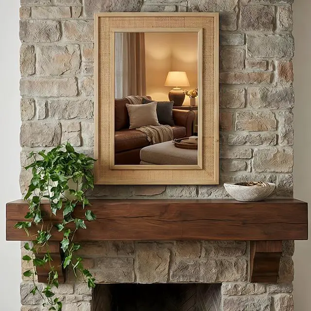 Alt view image 3 of 7 - Natural Wood Color 24"x36" Rattan Rectangle Solid Wood Frame Decorative Mirror,For Farmhouse,Bathroom,Home Decor,Entryway