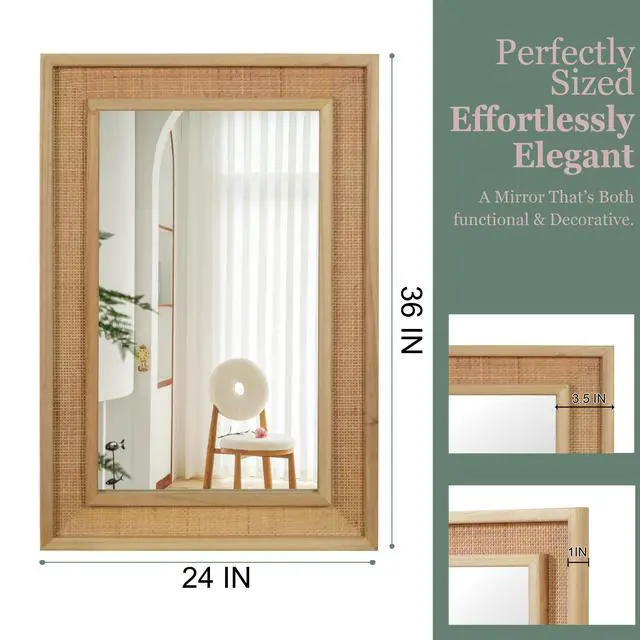 Alt view image 5 of 7 - Natural Wood Color 24"x36" Rattan Rectangle Solid Wood Frame Decorative Mirror,For Farmhouse,Bathroom,Home Decor,Entryway