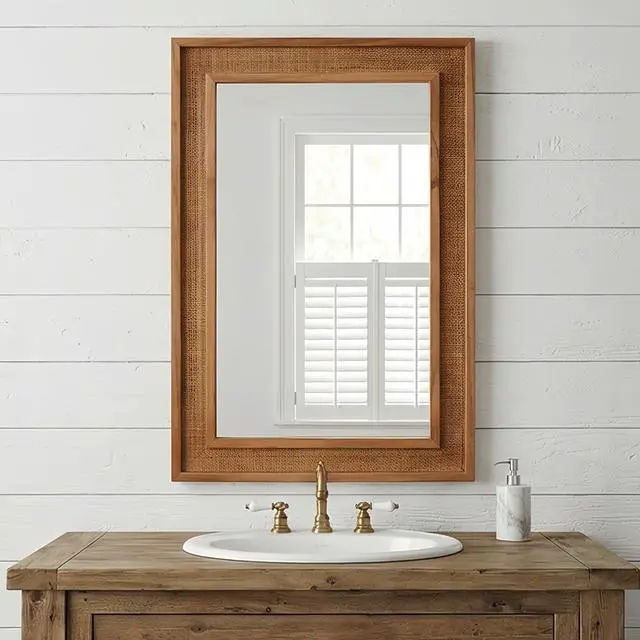 Alt view image 2 of 7 - Yellowish Brown 24"x36" Rattan Rectangle Solid Wood Frame Decorative Mirror,For Farmhouse,Bathroom,Home Decor,Entryway
