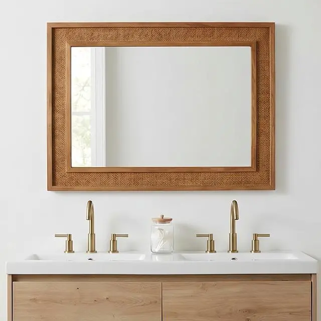 Alt view image 3 of 7 - Yellowish Brown 24"x36" Rattan Rectangle Solid Wood Frame Decorative Mirror,For Farmhouse,Bathroom,Home Decor,Entryway