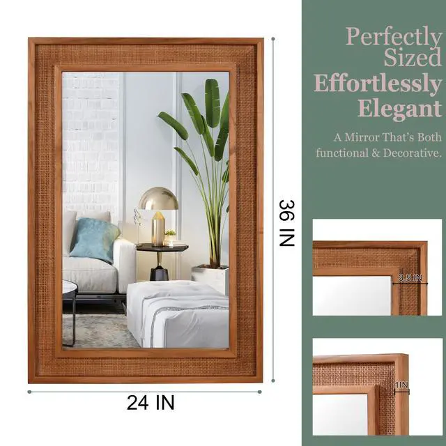 Alt view image 5 of 7 - Yellowish Brown 24"x36" Rattan Rectangle Solid Wood Frame Decorative Mirror,For Farmhouse,Bathroom,Home Decor,Entryway