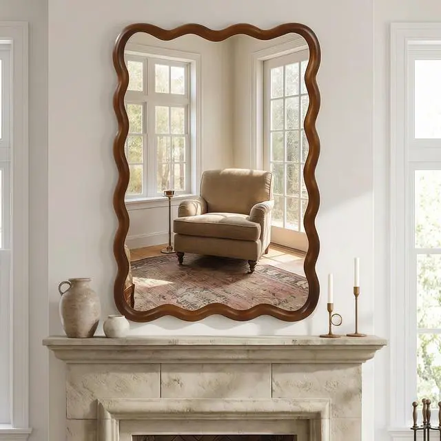 Main image of Black Walnut Color 24"x36" Wavy Rectangle Solid Wood Frame Decorative Mirror,For Bedroom, Bathroom, Living Room, Entryway