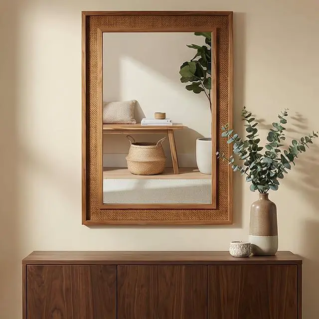 Alt view image 4 of 7 - Yellowish Brown 24"x36" Rattan Rectangle Solid Wood Frame Decorative Mirror,For Farmhouse,Bathroom,Home Decor,Entryway