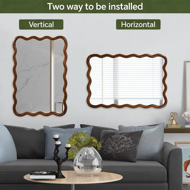 Alt view image 6 of 7 - Black Walnut Color 24"x36" Wavy Rectangle Solid Wood Frame Decorative Mirror,For Bedroom, Bathroom, Living Room, Entryway
