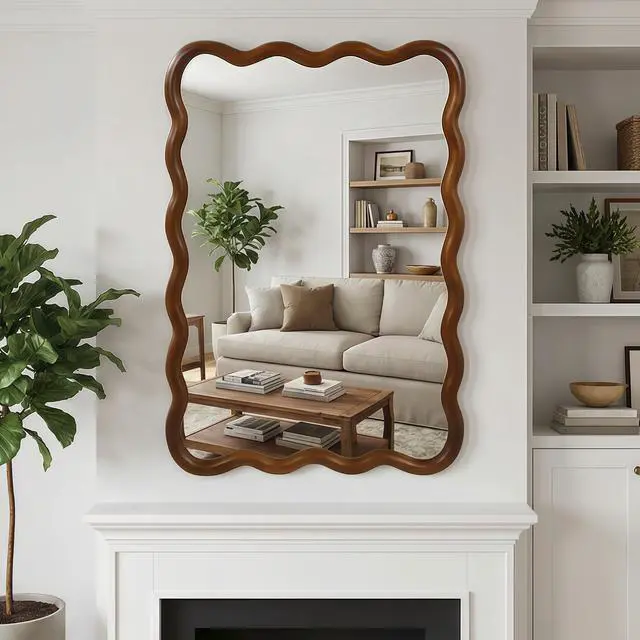 Alt view image 3 of 7 - Black Walnut Color 24"x36" Wavy Rectangle Solid Wood Frame Decorative Mirror,For Bedroom, Bathroom, Living Room, Entryway