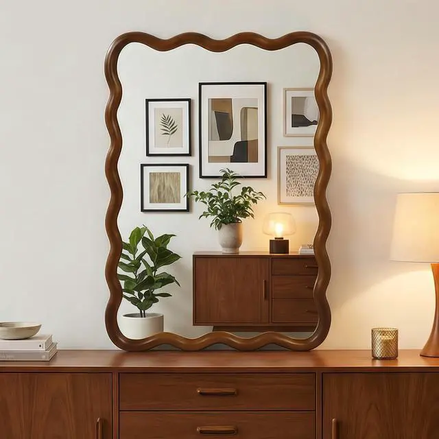 Alt view image 2 of 7 - Black Walnut Color 24"x36" Wavy Rectangle Solid Wood Frame Decorative Mirror,For Bedroom, Bathroom, Living Room, Entryway
