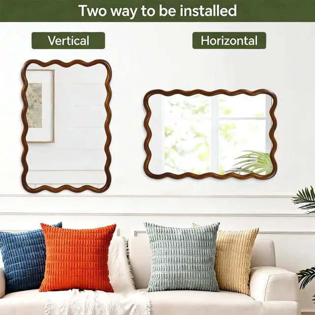 Alt view image 7 of 7 - Black Walnut Color 24"x36" Wavy Rectangle Solid Wood Frame Decorative Mirror,For Bedroom, Bathroom, Living Room, Entryway