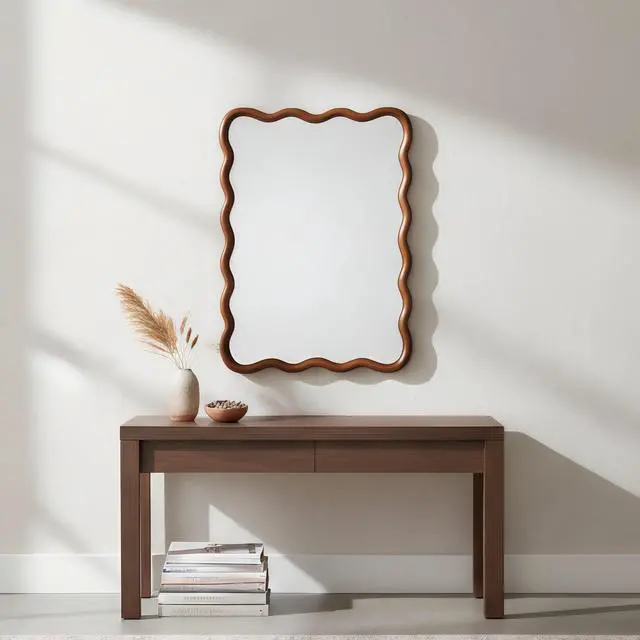 Alt view image 2 of 7 - Black Walnut Color 30"x40" Wavy Rectangle Solid Wood Frame Decorative Mirror,For Bedroom, Bathroom, Living Room, Entryway