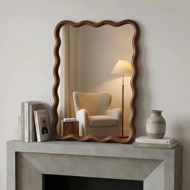 Alt view image 4 of 7 - Black Walnut Color 30"x40" Wavy Rectangle Solid Wood Frame Decorative Mirror,For Bedroom, Bathroom, Living Room, Entryway