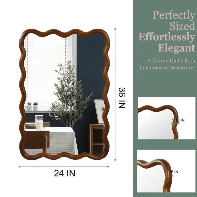 Alt view image 5 of 7 - Black Walnut Color 24"x36" Wavy Rectangle Solid Wood Frame Decorative Mirror,For Bedroom, Bathroom, Living Room, Entryway