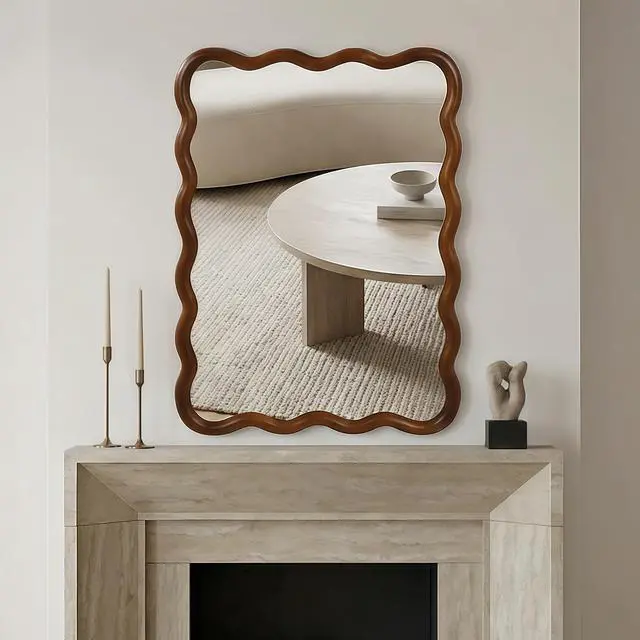 Alt view image 3 of 7 - Black Walnut Color 30"x40" Wavy Rectangle Solid Wood Frame Decorative Mirror,For Bedroom, Bathroom, Living Room, Entryway
