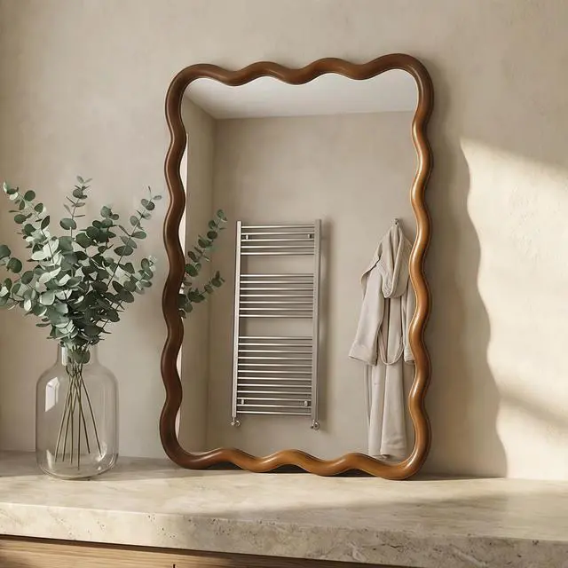 Alt view image 4 of 7 - Black Walnut Color 24"x36" Wavy Rectangle Solid Wood Frame Decorative Mirror,For Bedroom, Bathroom, Living Room, Entryway