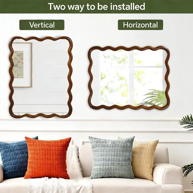 Alt view image 6 of 7 - Black Walnut Color 30"x40" Wavy Rectangle Solid Wood Frame Decorative Mirror,For Bedroom, Bathroom, Living Room, Entryway