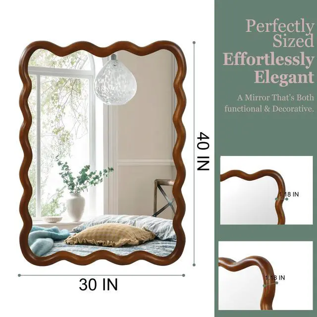 Alt view image 5 of 7 - Black Walnut Color 30"x40" Wavy Rectangle Solid Wood Frame Decorative Mirror,For Bedroom, Bathroom, Living Room, Entryway