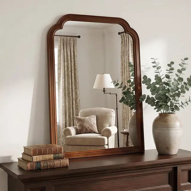 Alt view image 3 of 7 - Black Walnut Color 24" x 36" Solid Wood Frame Rounded Corner Decorative Mirror, For Bedroom, Bathroom, Living Room, Entryway
