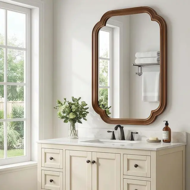 Alt view image 3 of 7 - Black Walnut Color 20" x 30" Solid Wood Frame Rounded Corner Decorative Mirror, For Bedroom, Bathroom, Living Room, Entryway