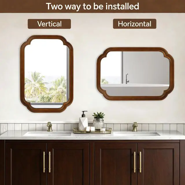 Alt view image 6 of 7 - Black Walnut Color 20" x 30" Solid Wood Frame Rounded Corner Decorative Mirror, For Bedroom, Bathroom, Living Room, Entryway