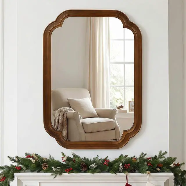Alt view image 4 of 7 - Black Walnut Color 20" x 30" Solid Wood Frame Rounded Corner Decorative Mirror, For Bedroom, Bathroom, Living Room, Entryway