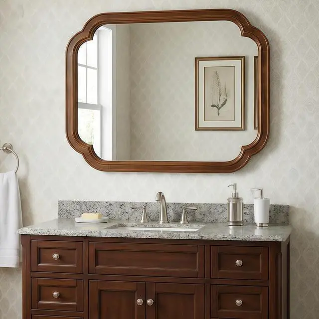 Alt view image 2 of 7 - Black Walnut Color 24" x 36" Solid Wood Frame Rounded Corner Decorative Mirror, For Bedroom, Bathroom, Living Room, Entryway