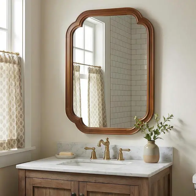 Alt view image 3 of 7 - Black Walnut Color 24" x 36" Solid Wood Frame Rounded Corner Decorative Mirror, For Bedroom, Bathroom, Living Room, Entryway