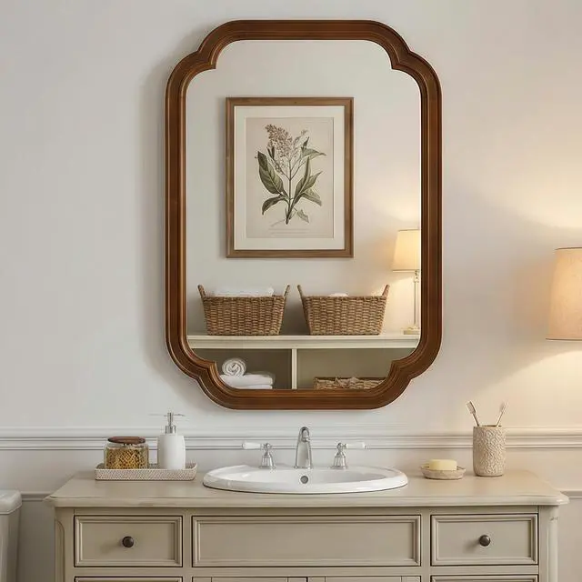 Alt view image 2 of 7 - Black Walnut Color 20" x 30" Solid Wood Frame Rounded Corner Decorative Mirror, For Bedroom, Bathroom, Living Room, Entryway