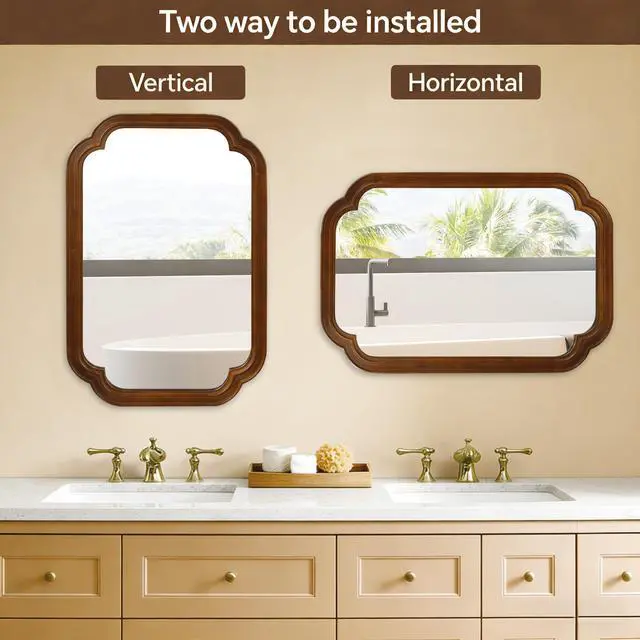 Alt view image 6 of 7 - Black Walnut Color 24" x 36" Solid Wood Frame Rounded Corner Decorative Mirror, For Bedroom, Bathroom, Living Room, Entryway