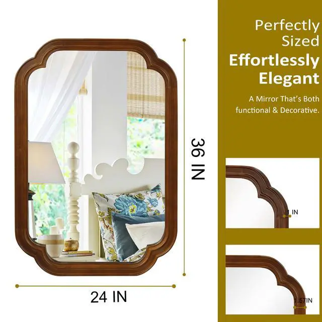 Alt view image 5 of 7 - Black Walnut Color 24" x 36" Solid Wood Frame Rounded Corner Decorative Mirror, For Bedroom, Bathroom, Living Room, Entryway