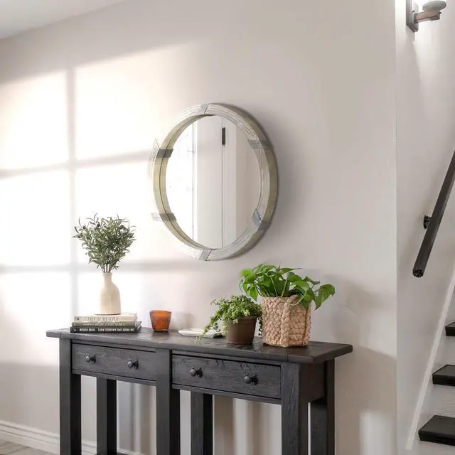 Alt view image 2 of 7 - HOMCOM 30.75" Wood Wall Mirror, Farmhouse Decorative e Round Mirror for Wall Decor in Living Room, Bedroom, Natural Wood Color