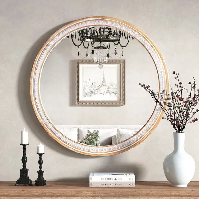 Main image of 30" Round Solid Wood Farmhouse Wall Mirror,Rustic Boho Circle Decorative Mirrors for Bathroom,Shabby Chic Wall Mounted Mirror for Bathroom Vanity Living Room Entryway
