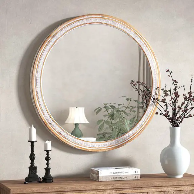 Alt view image 2 of 7 - 30" Round Solid Wood Farmhouse Wall Mirror,Rustic Boho Circle Decorative Mirrors for Bathroom,Shabby Chic Wall Mounted Mirror for Bathroom Vanity Living Room Entryway