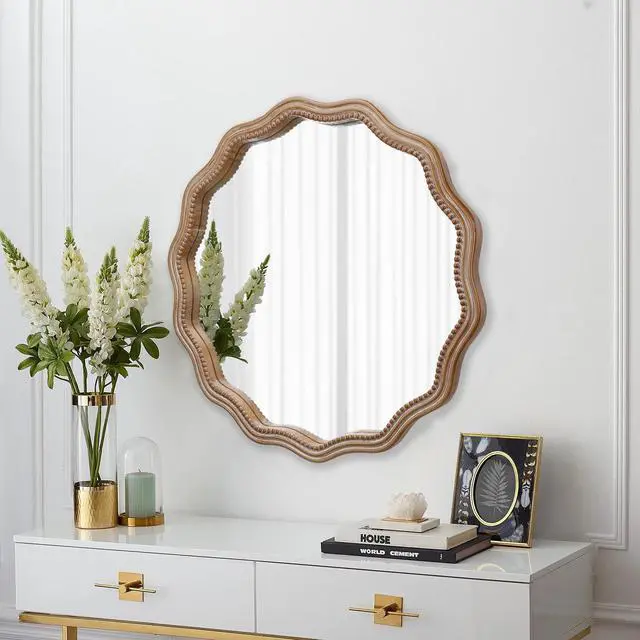 Alt view image 2 of 7 - 23.62 inches Wood Round Wavy Wall Mirror Round Wall Mirror Scalloped Mirror -Large Decorative Wood Framed Hanging Circle Mirror Modern Farmhouse Decor for Bathroom,Living Room, Nursery Decor