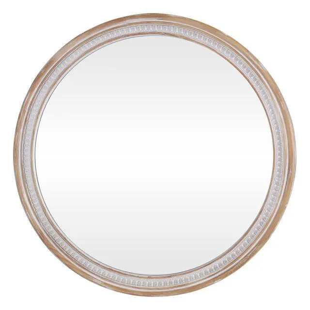Alt view image 5 of 7 - 30" Round Solid Wood Farmhouse Wall Mirror,Rustic Boho Circle Decorative Mirrors for Bathroom,Shabby Chic Wall Mounted Mirror for Bathroom Vanity Living Room Entryway