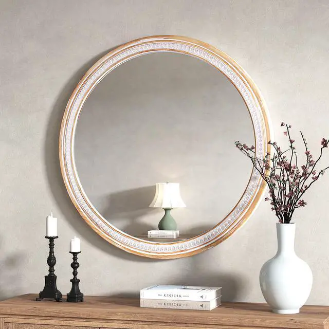Alt view image 3 of 7 - 30" Round Solid Wood Farmhouse Wall Mirror,Rustic Boho Circle Decorative Mirrors for Bathroom,Shabby Chic Wall Mounted Mirror for Bathroom Vanity Living Room Entryway
