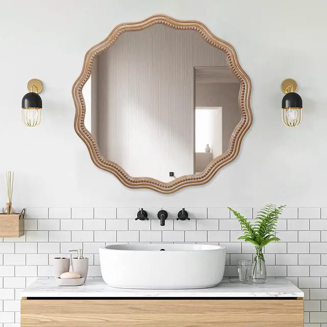 Alt view image 3 of 7 - 23.62 inches Wood Round Wavy Wall Mirror Round Wall Mirror Scalloped Mirror -Large Decorative Wood Framed Hanging Circle Mirror Modern Farmhouse Decor for Bathroom,Living Room, Nursery Decor
